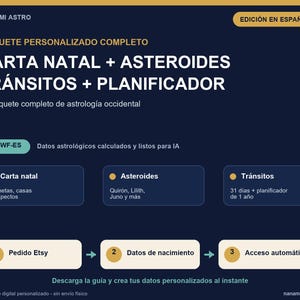 以下が含まれることがあります： NANAMI ASTROと題されたダークブルーのデジタル占星術ガイド。出生図、小惑星、トランジット、プランナーを含む完全なパーソナライズパッケージ。テキストには、Etsy注文、出生データ、自動アクセスの3つのステップが記載されています。
