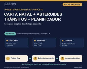 Pacote de Mapa Astral Personalizado em Espanhol | Trânsitos, Asteroides e Planejador Astrológico de 1 Ano | NP-WF-ES