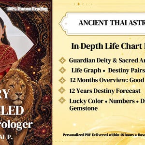 May include: A digital flyer for an Ancient Thai Astrology In-Depth Life Chart Reading. It features a person in traditional red attire next to a lion, with text listing services like Guardian Deity, Life Graph, and 12-year destiny forecasts.
