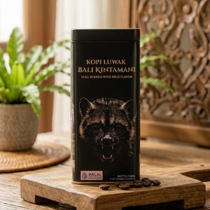 Może przedstawiać: Prostokątna czarna metalowa puszka na kawę z etykietą Kopi Luwak Bali Kintamani Full Bodied With Rich Flavor. Z przodu znajduje się szczegółowa ilustracja cywety oraz logo certyfikatu Halal, a na dole nadruk Netto 100g.