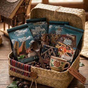 Luxuriöser indonesischer Kaffeegeschenkkorb | Premium-Nusantara-Kaffee-Probierpaket | Toraja Aceh Bali Java | Handgefertigte Geschenkbox für CEOs, Hochzeiten und Firmenveranstaltungen