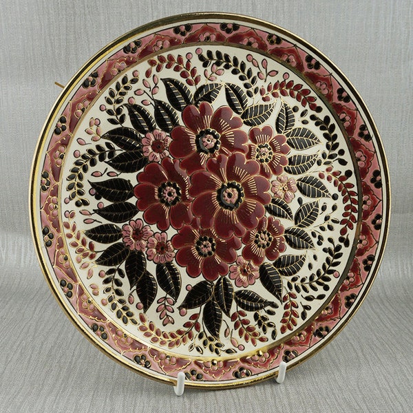 Lovely Floral Flower Plate Greek Stamped Parperis Cermic Rhodes Pink Black with Gold Trim