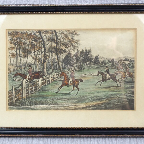 Antique Small Etching with Hand Colored Finish English Gents Fox Hunting Picture in Frame