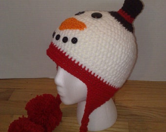 Crochet Snowman Hat, Crochet  Snowan Ear Flap Hat,  Crocher Snowman Hat for Newborn to Adults, Made to Order