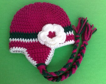 Crochet Earflap Hat, Handmade Crochet Newborn Hat, Spring Earflap Hat, Crochet Baby Girl to Adult Woman Hat with Flower, Made to Order