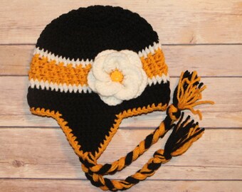 Football hat, Crohet Hat for baby girls & women, Hat with Flower, Earflap Hat with Flower, Baby girl hat, Newborn Hat, Made to order