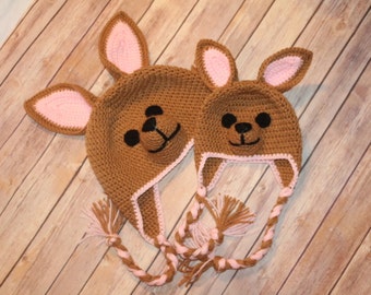 Crochet Kangaroo Hat - Mother and Daughter Kangaroo Costumes -  Halloween Kangaroo Hat,  Kangaroo Hat  for Any Age, pricing for one hat only