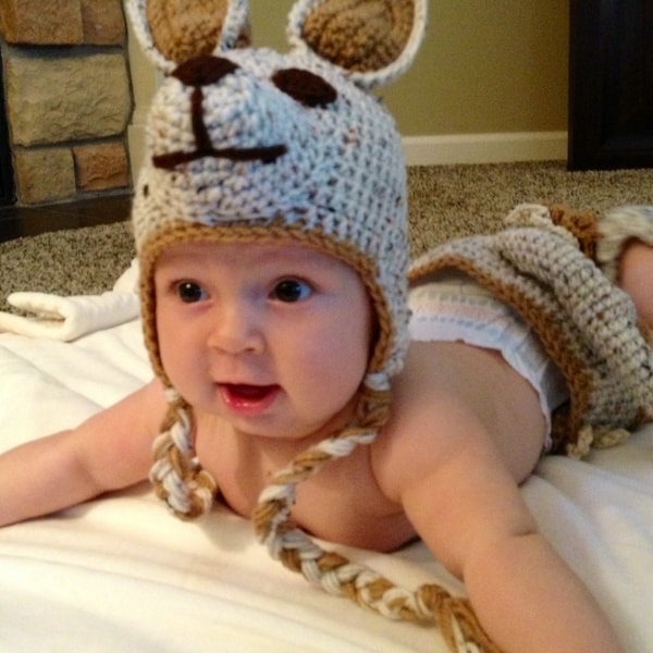 Kangaroo Hat, Crochet Kangaroo Hat, Kangaroo Costume, Baby Girl Hat, Baby Boy Hat, Adult Hat, Animal Hat, Toddler Hat, Made to Order