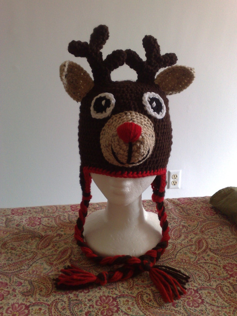 Crochet Reindeer Hat, Reindeer Hat, Rudolph the Red Nosed Reindeer, Crochet Rudolph Hat, Newborn Reindeer Hat, Any size is available image 2