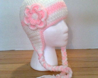 Crochet Hat with Flower, Ear Flap Hat,  Girl Toddler Hat,  Kids  Hat, Newborn Hat, Infant Hat, Women Hat,  Baby girl Hat,  Winter Hat