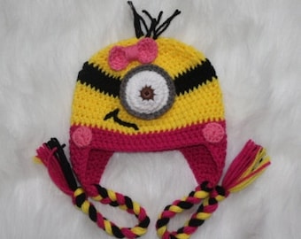 Crochet Minion Hat for girls, Pink Minion, Crochet Minion Hat for Girls,  Minion Hat, Earflap Minion Hat,  Minion Costume Hat, Made to Order