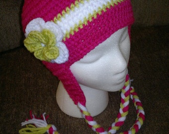 Crochet Handmade Ear Flap Hat - Pink Hat for Baby Girls with Flower-  Pink Hat for Women - Newborn Crochet Hat - Made to Order