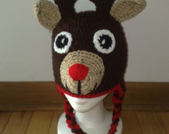 Crochet Reindeer Hat, Reindeer Hat, Rudolph the Red Nosed Reindeer, Crochet Rudolph Hat, Newborn Reindeer Hat, Any size is available