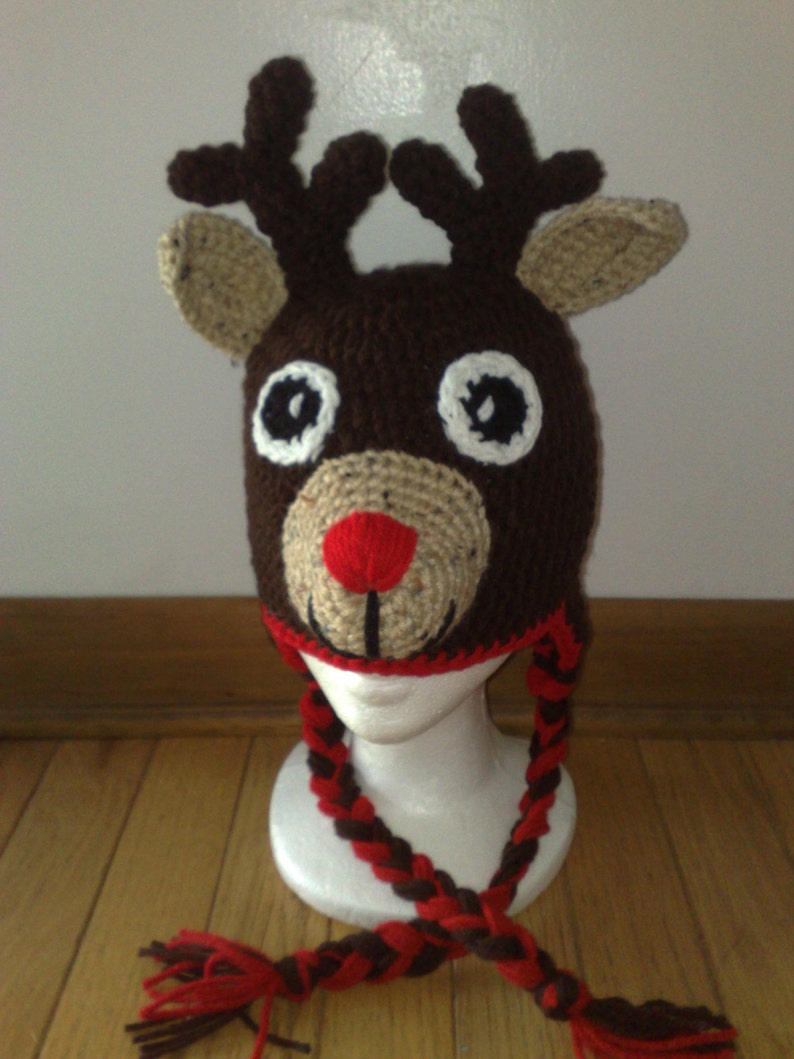 Crochet Reindeer Hat, Reindeer Hat, Rudolph the Red Nosed Reindeer, Crochet Rudolph Hat, Newborn Reindeer Hat, Any size is available image 1