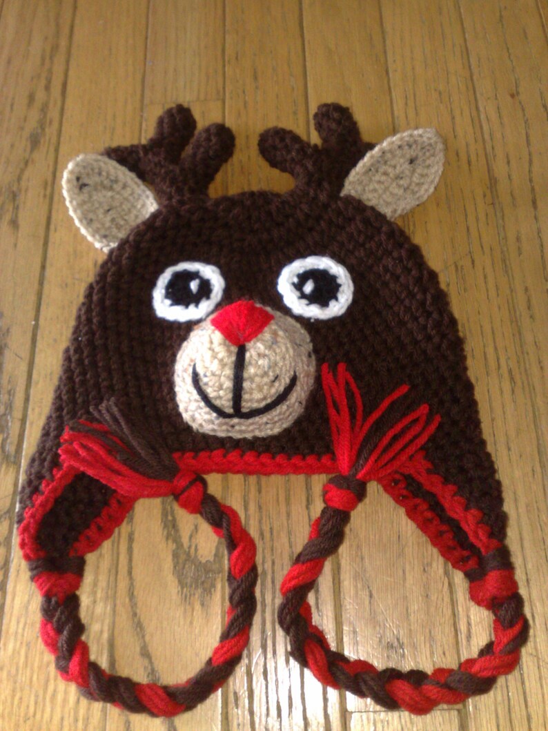 Crochet Reindeer Hat, Reindeer Hat, Rudolph the Red Nosed Reindeer, Crochet Rudolph Hat, Newborn Reindeer Hat, Any size is available image 3