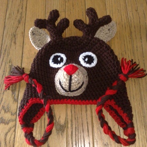 Crochet Reindeer Hat, Reindeer Hat, Rudolph the Red Nosed Reindeer, Crochet Rudolph Hat, Newborn Reindeer Hat, Any size is available image 4