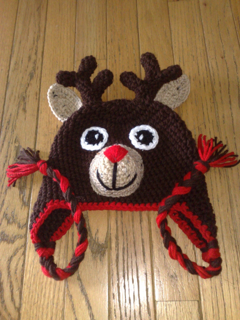 Crochet Reindeer Hat, Reindeer Hat, Rudolph the Red Nosed Reindeer, Crochet Rudolph Hat, Newborn Reindeer Hat, Any size is available image 4