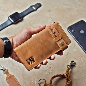 Men's Long Leather Wallet, Crazy Horse Bifold Biker Wallet with Lanyard, Vintage Long Bifold Wallet