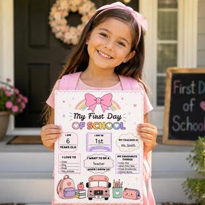 May include: A rectangular white sign titled My First Day of School with a pink bow and rainbow graphic. It features sections for age, grade, teacher, interests, and future goals, decorated with illustrations of a backpack, bus, and school supplies.