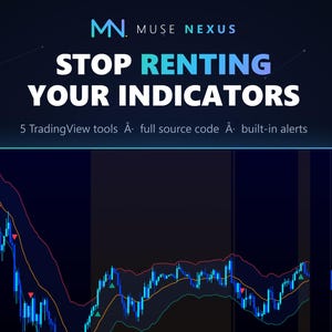 May include: A digital graphic featuring the text STOP RENTING YOUR INDICATORS, 5 TradingView tools, full source code, and built-in alerts. A financial chart displays blue candlesticks, red and green triangles, and trend lines on a dark background.