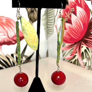 Red Cherry Mother of Pearl Leaf Dangle Earrings, Green Seed Bead Statement Jewelry