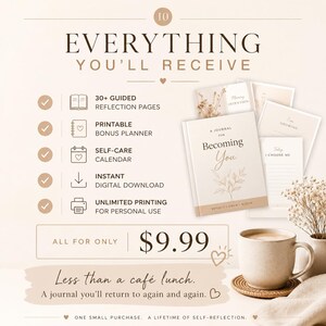 May include: A digital journal set titled A Journal for Becoming You, featuring 30+ guided reflection pages, a printable bonus planner, and a self-care calendar. The set includes an instant digital download for unlimited personal printing, displayed with a beige mug on a coaster and floral accents.