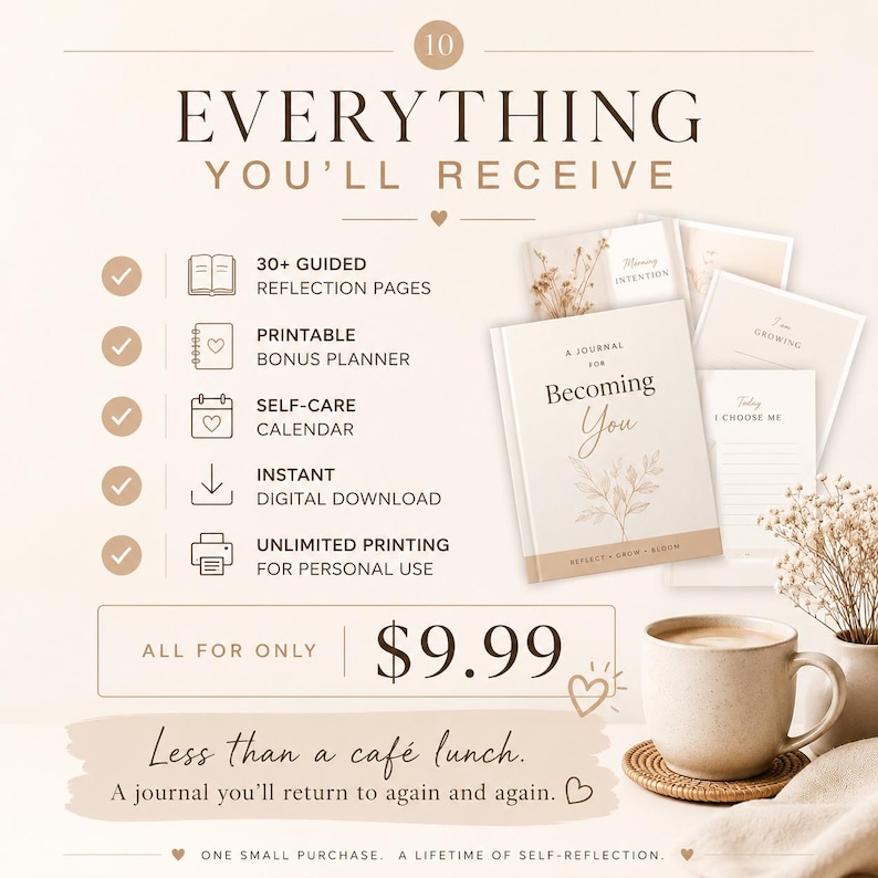 May include: A digital journal set titled A Journal for Becoming You, featuring 30+ guided reflection pages, a printable bonus planner, and a self-care calendar. The set includes an instant digital download for unlimited personal printing, displayed with a beige mug on a coaster and floral accents.