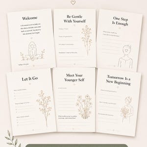May include: Six white journal pages titled A Glimpse Inside, featuring prompts like Welcome, Be Gentle With Yourself, One Step Is Enough, Let It Go, Meet Your Younger Self, and Tomorrow Is a New Beginning, decorated with thin brown line art of flowers.