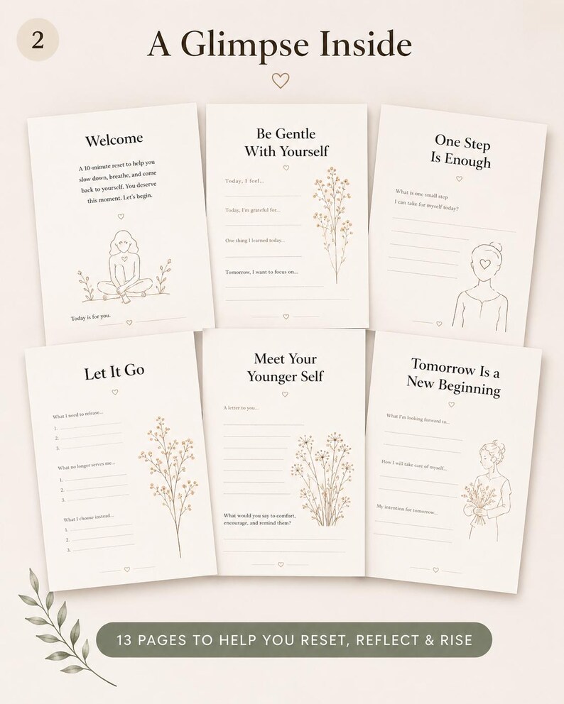 May include: Six white journal pages titled A Glimpse Inside, featuring prompts like Welcome, Be Gentle With Yourself, One Step Is Enough, Let It Go, Meet Your Younger Self, and Tomorrow Is a New Beginning, decorated with thin brown line art of flowers.