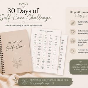 May include: A beige spiral-bound notebook titled 30 Days of Self-Care with a leaf illustration, accompanied by a matching printed challenge sheet featuring 30 daily prompts, all set against a neutral background with text overlays.