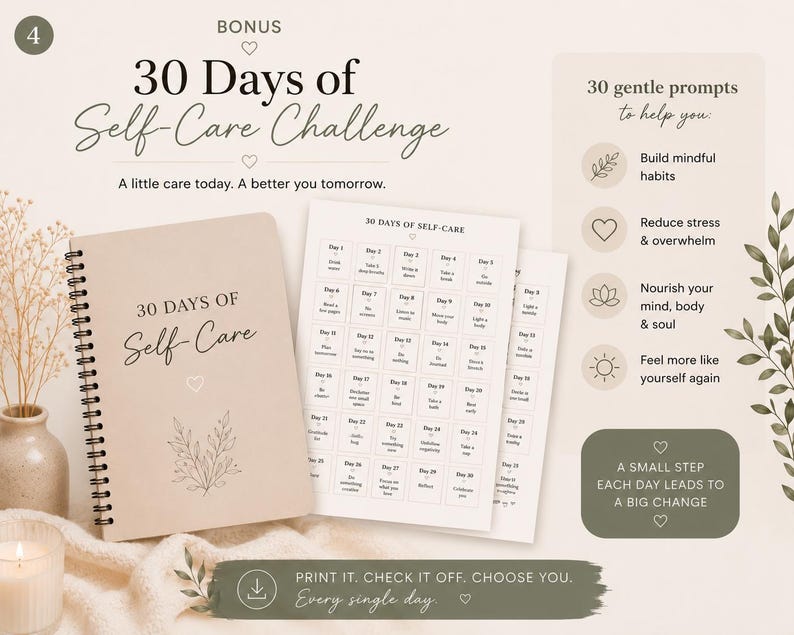 May include: A beige spiral-bound notebook titled 30 Days of Self-Care with a leaf illustration, accompanied by a matching printed challenge sheet featuring 30 daily prompts, all set against a neutral background with text overlays.