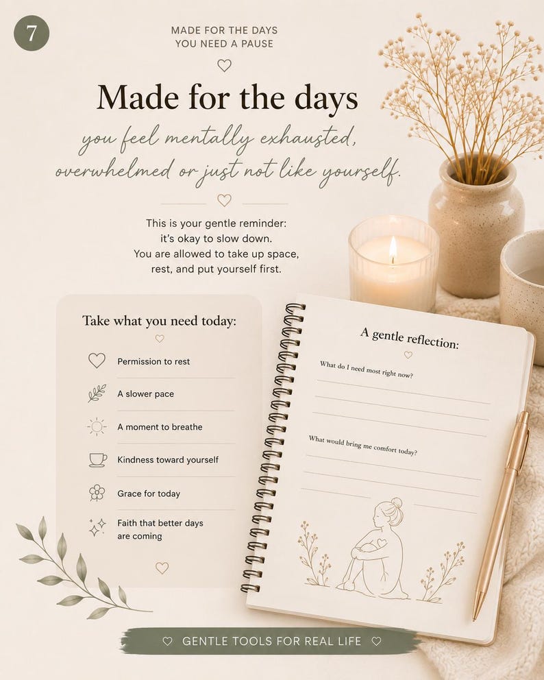 May include: A spiral-bound journal with a cream cover featuring a line drawing of a person sitting, text reading A gentle reflection, and prompts. Beside it, a card lists self-care needs, a lit candle, a vase with dried flowers, and a gold pen.