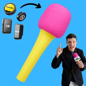 May include: A large yellow microphone handle with a bright pink foam windscreen. Floating above are small wireless microphone transmitters from Insta360, DJI, and R&Oslash;DE. A person in a black blazer holds a smaller version of the pink microphone with a tag reading Levi Creates.