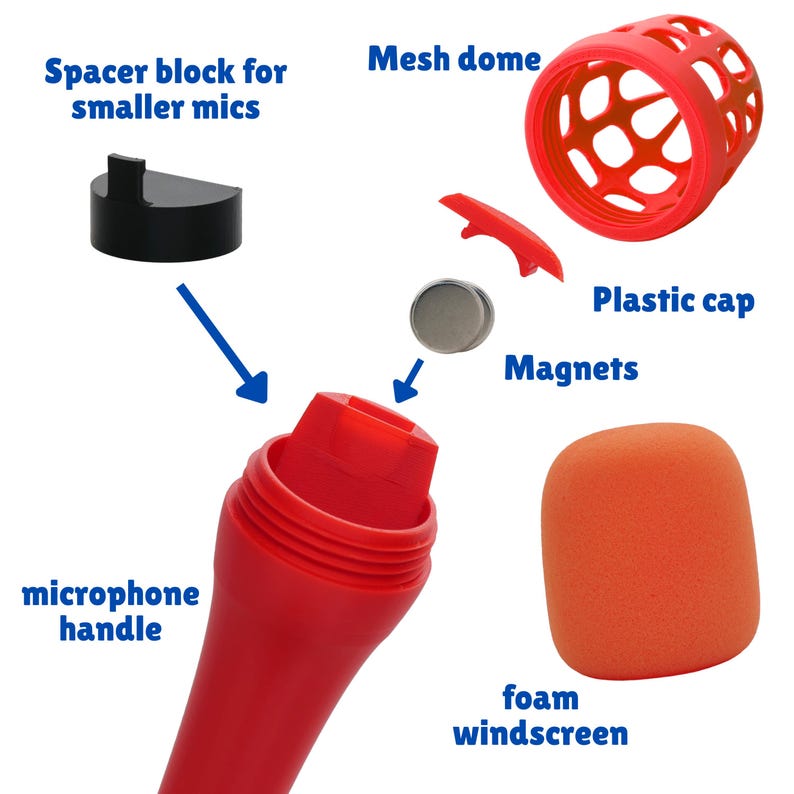 May include: A red microphone handle with a black spacer block for smaller mics, a silver magnet, a red plastic cap, a red mesh dome, and an orange foam windscreen. The image includes labels for each component, showing the assembly of the microphone parts.