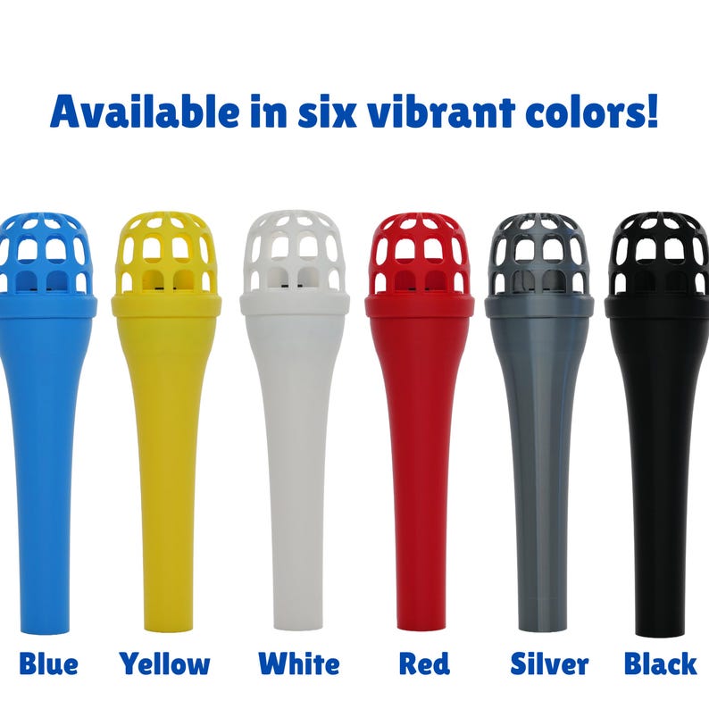 May include: Six handheld microphone-shaped objects arranged in a row, each featuring a cage-like top and a smooth handle. The colours are blue, yellow, white, red, silver, and black. The text above reads Available in six vibrant colours!