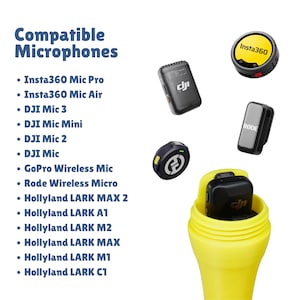 May include: A bright yellow container holding a black microphone, surrounded by various wireless microphones including Insta360, DJI, GoPro, Rode, and Hollyland models. Text lists Compatible Microphones: Insta360 Mic Pro, Mic Air, DJI Mic 3, Mini, 2, Mic, GoPro, Rode, Hollyland LARK MAX 2, A1, M2, MAX, M1, C1.