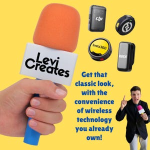 May include: A blue microphone handle with an orange foam windscreen featuring a white flag with the text Levi Creates. Included are four small wireless audio transmitters from DJI, Insta360, and Rode, alongside a person holding a similar microphone.