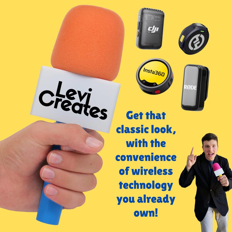May include: A blue microphone handle with an orange foam windscreen featuring a white flag with the text Levi Creates. Included are four small wireless audio transmitters from DJI, Insta360, and Rode, alongside a person holding a similar microphone.