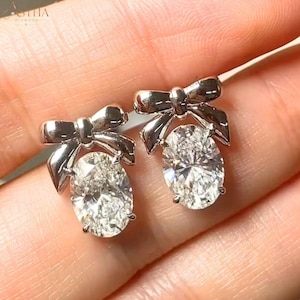 4 CTW Oval Moissanite Bow Knot Stud Earrings, Solid Silver Diamond Screw Back