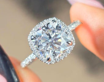 3CT Cushion Cut Moissanite Wedding Ring, Full Halo & Half Pave Band, Sparkling Ring