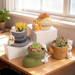 Cute Animal Succulent Planter Pot, Kawaii Ceramic Flower Pot, Mini Cat Rabbit Planter, Desk Plant Decor, Unique Gift for Plant Lovers