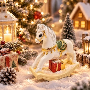 Könnte beinhalten: Eine weiße Schaukelpferd-Figur mit goldfarbenen Zaumzeugdetails und einem grünen Sattel auf einem geschwungenen Sockel. Das Pferd ist mit kleinen roten und goldenen Geschenkpaketen unter dem Körper verziert und steht auf einer schneebedeckten Fläche.