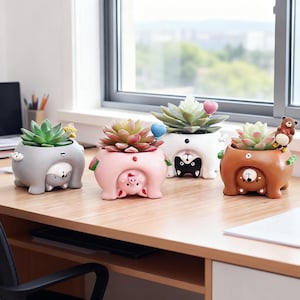 Maceta suculenta con forma de animalito adorable, maceta de cerámica kawaii, maceta con forma de mini oso, cerdo o perro, decoración de escritorio para plantas, regalo único para amantes de las plantas.