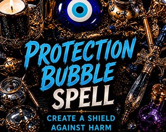 May include: A collection of gold-toned decorative items, a blue evil eye charm, and a lit candle. The text reads: PROTECTION BUBBLE SPELL, CREATE A SHIELD AGAINST HARM & STAY SAFE. The arrangement includes small glass bottles and metallic accents.