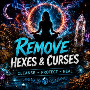 May include: A digital graphic featuring a silhouette of a person meditating in front of a glowing orange and blue energy ring. The text reads REMOVE HEXES & CURSES and CLEANSE • PROTECT • HEAL. A large clear crystal point stands to the right.