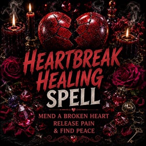 Pode incluir: Uma composição escura com um objeto vermelho em forma de coração rachado, velas acesas e rosas vermelhas. O texto diz: HEARTBREAK HEALING SPELL, MEND A BROKEN HEART, RELEASE PAIN & FIND PEACE. Cristais vermelhos e pequenos detalhes metálicos.