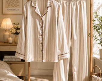 Luxury Satin Pajama Set, Cream Stripe Long Sleeve Sleepwear, Button Up Pajamas, Elegant Loungewear, Bridal Gift for Her
