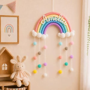 Personalized Rainbow Wall Hanging, Boho Nursery Decor, Kids Room Keepsake