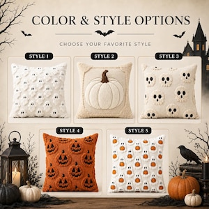 May include: Five square throw pillows with Halloween designs. Style 1 is white with ghost patterns. Style 2 is beige with a central pumpkin. Style 3 is beige with skull patterns. Style 4 is orange with jack-o'-lanterns. Style 5 is white with ghost and pumpkin patterns.