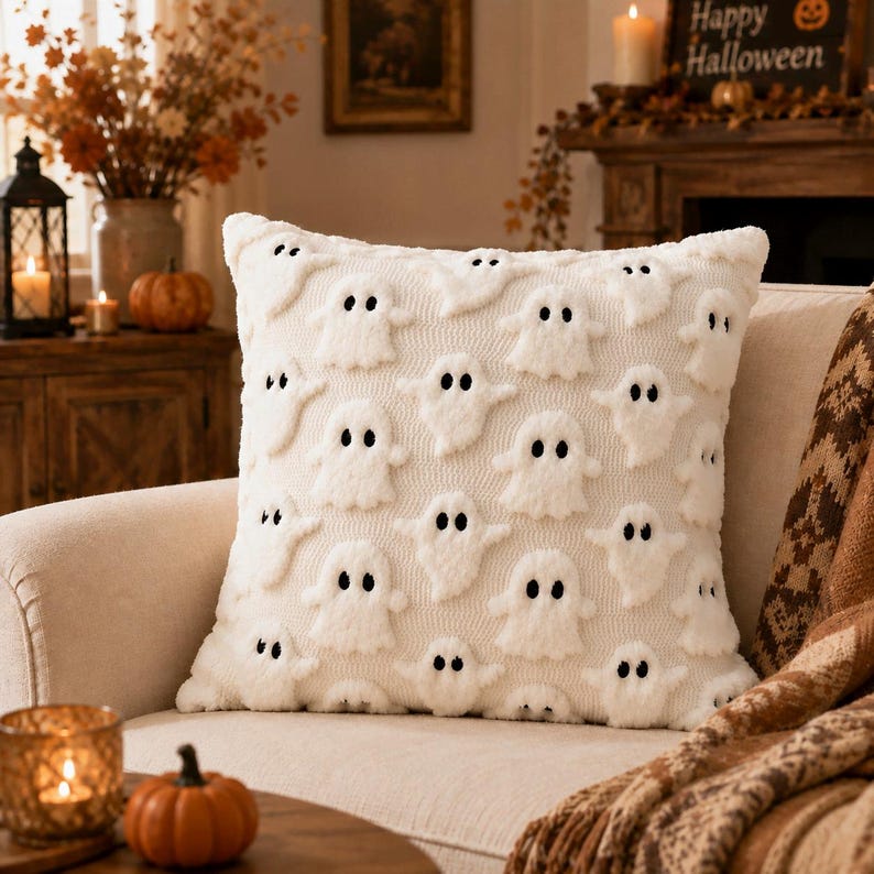 May include: A square throw pillow featuring a cream-colored knit base with a repeating pattern of raised, fuzzy white ghost figures. Each ghost has two small, dark, embroidered eyes. The texture of the ghosts contrasts with the flat knit fabric.